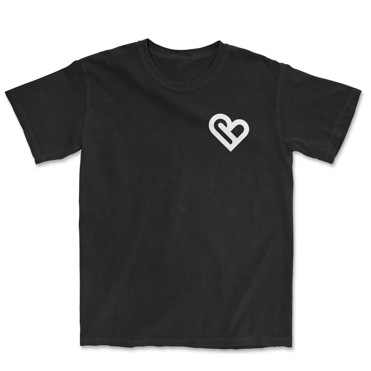 Black t-shirt with a white heart logo on a white background