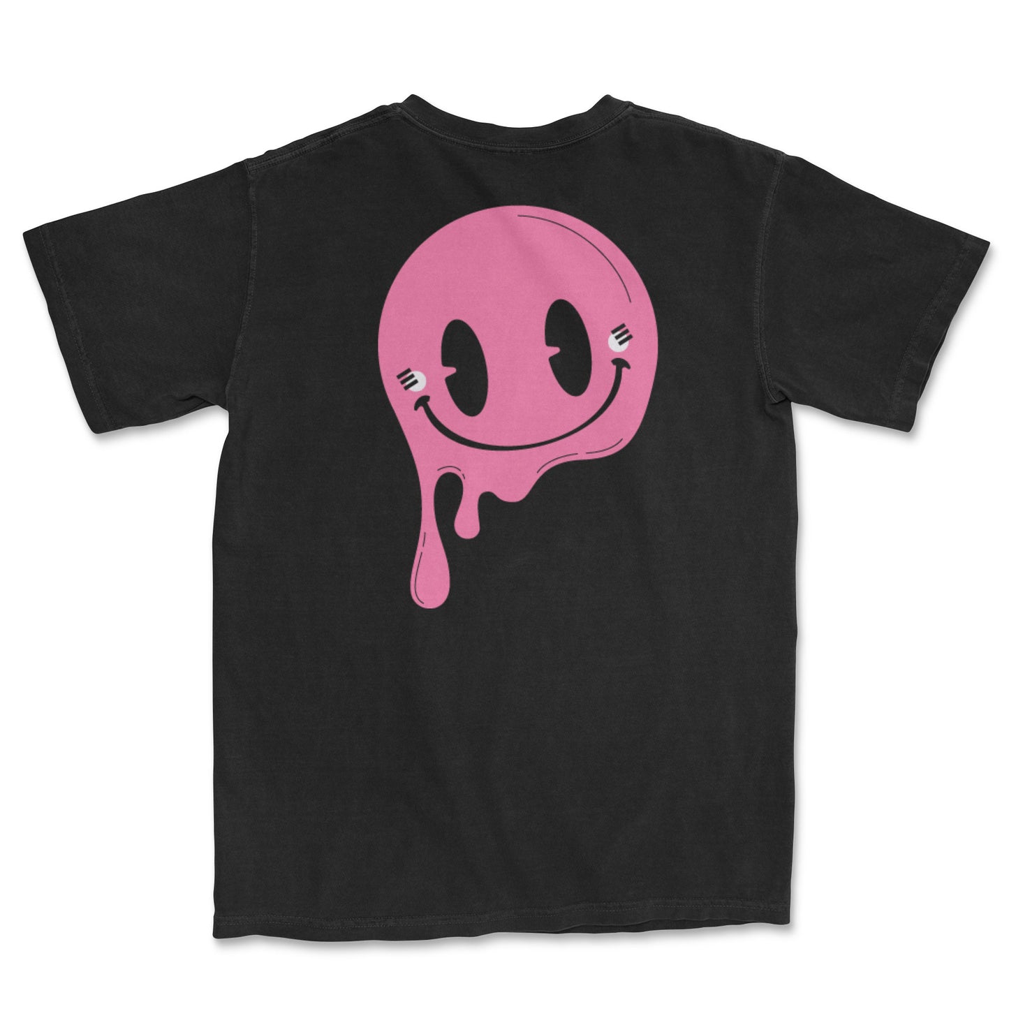 Back of a black t-shirt with a dripping smiley face in pink color with white - PSTVE Brand