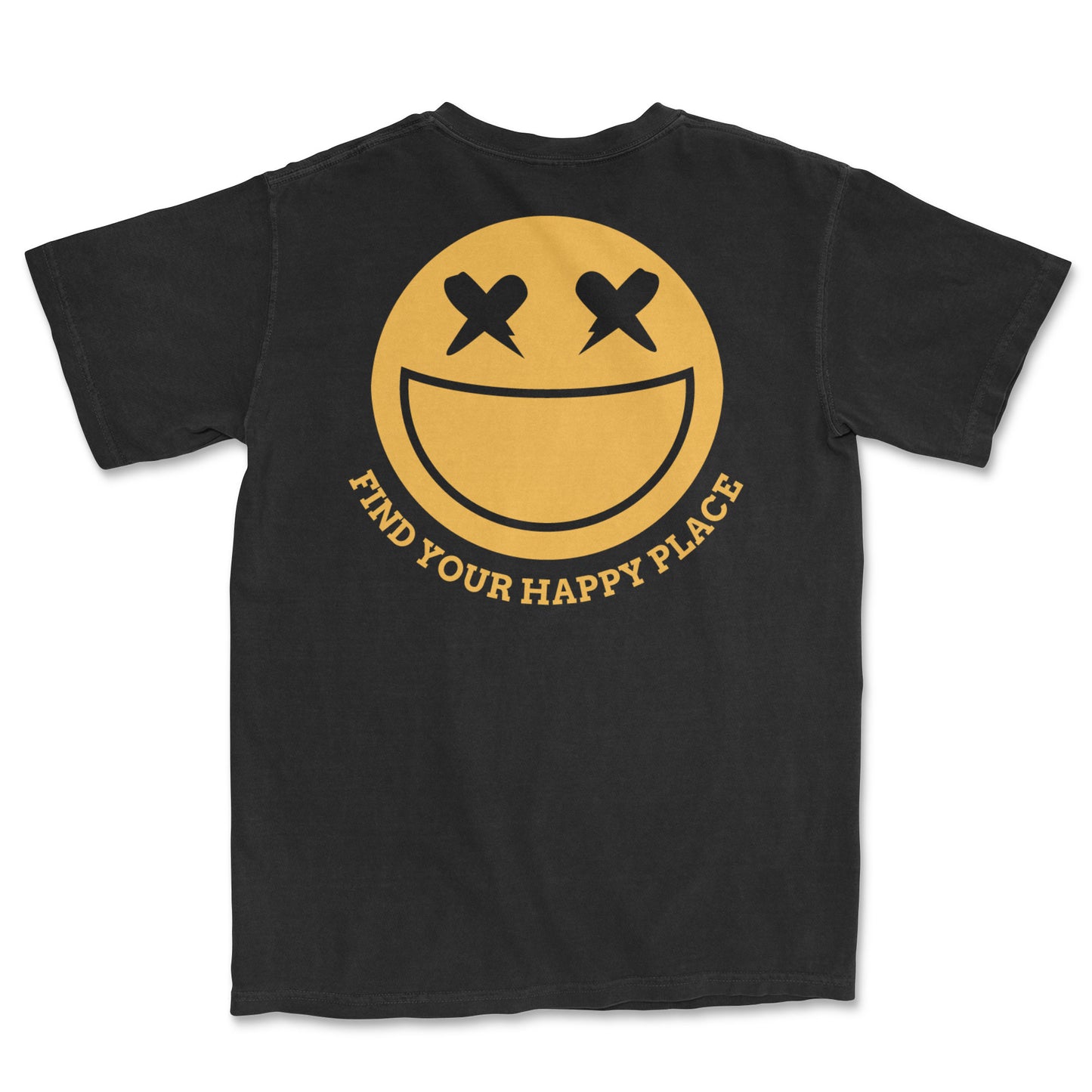 Black t-shirt featuring a yellow smiley face graphic with "Find Your Happy Place" text.