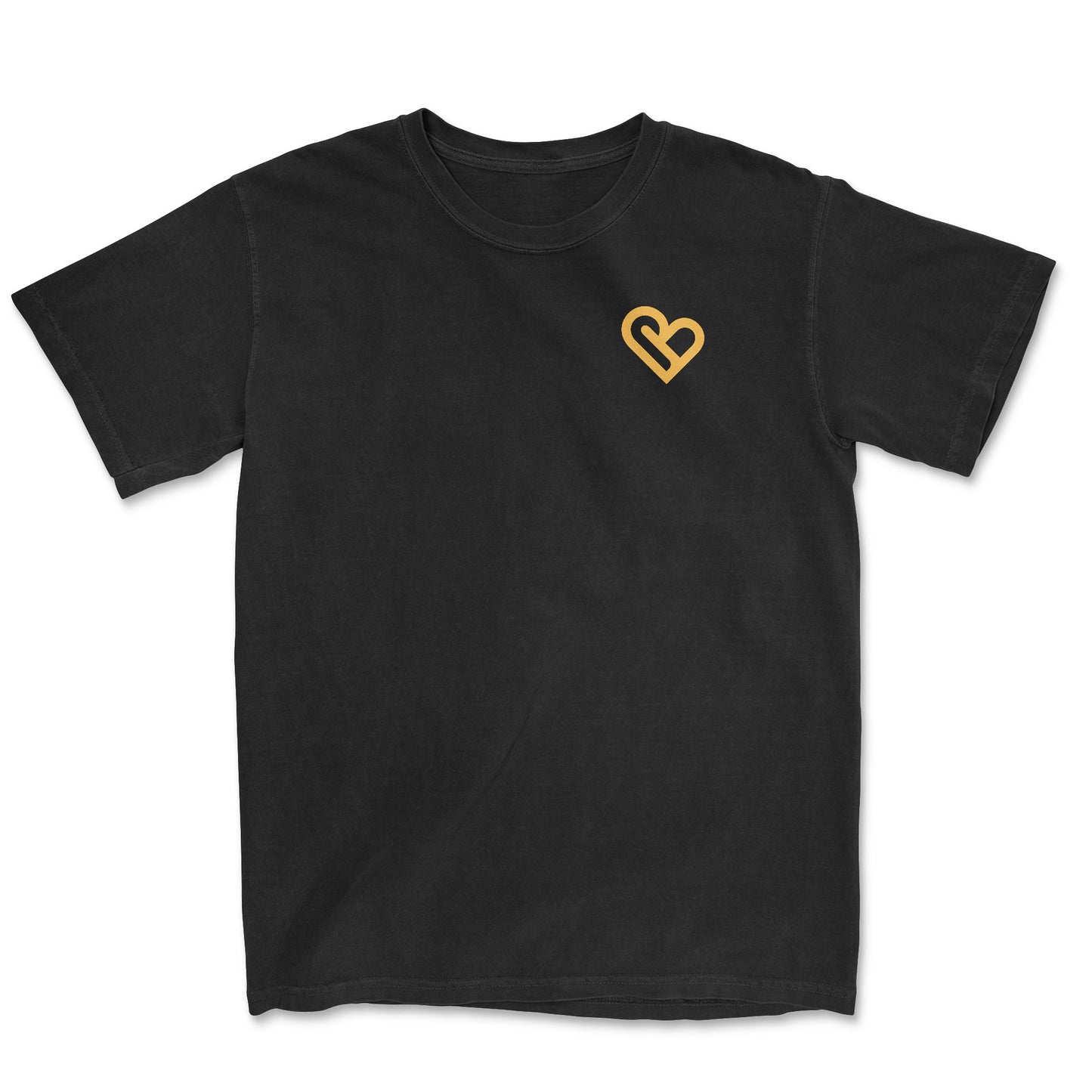 Black crew neck t-shirt with a minimalist yellow heart design on the left chest - PSTVE Brand