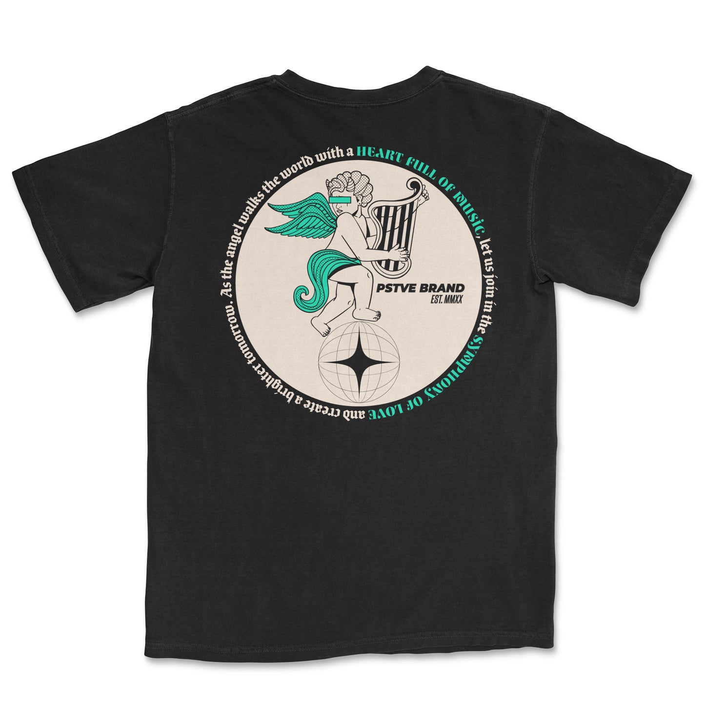 Angel walking the world with a heart full of music, graphic on a black t-shirt, PSTVE Brand.