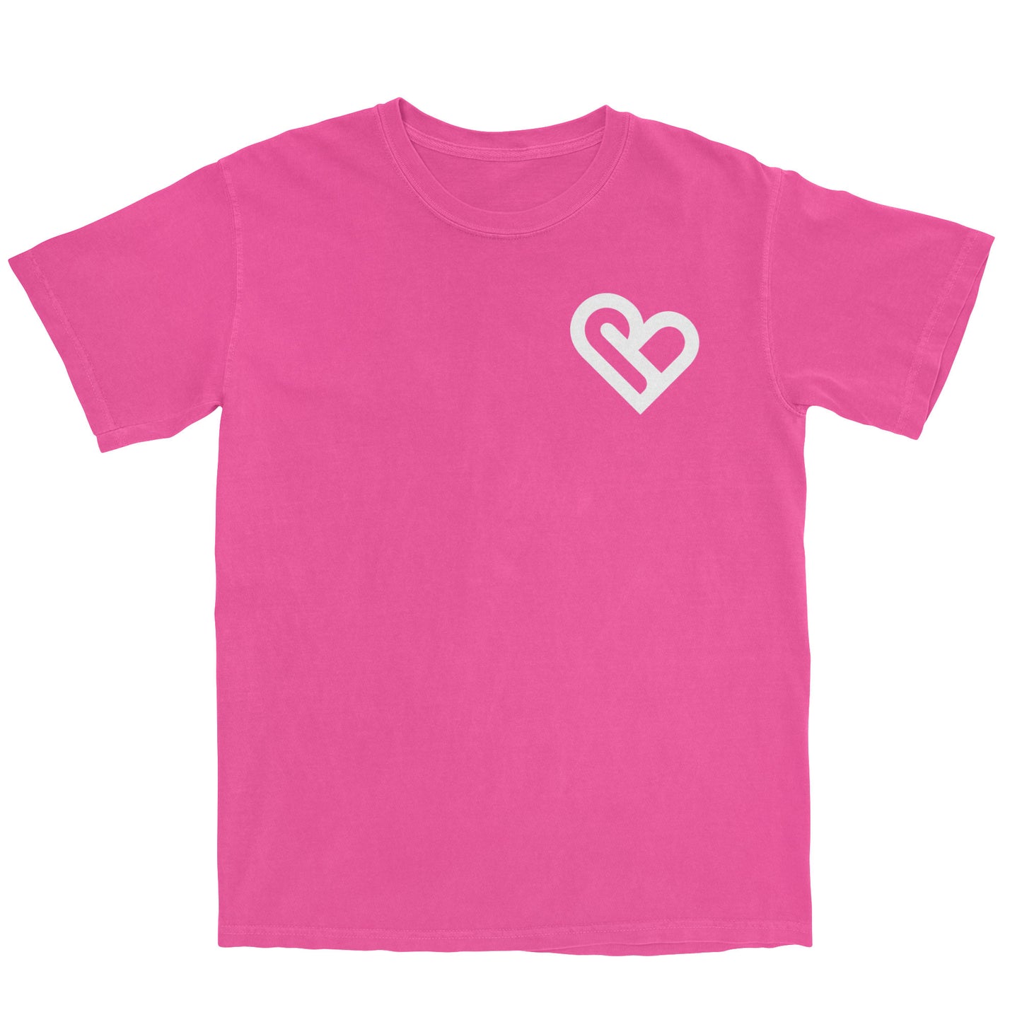 A bright pink t-shirt with a white PSTVE (Positive) Brand logo on the left chest is displayed against a white background. The t-shirt has short sleeves and a round neckline.