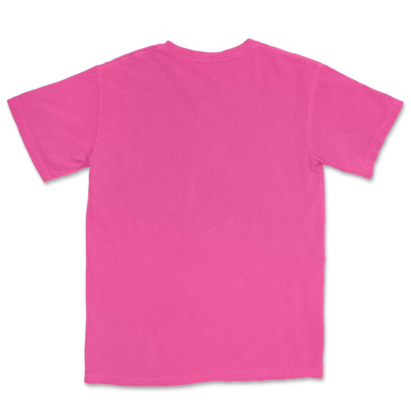 The back of a bright pink round neck t-shirt