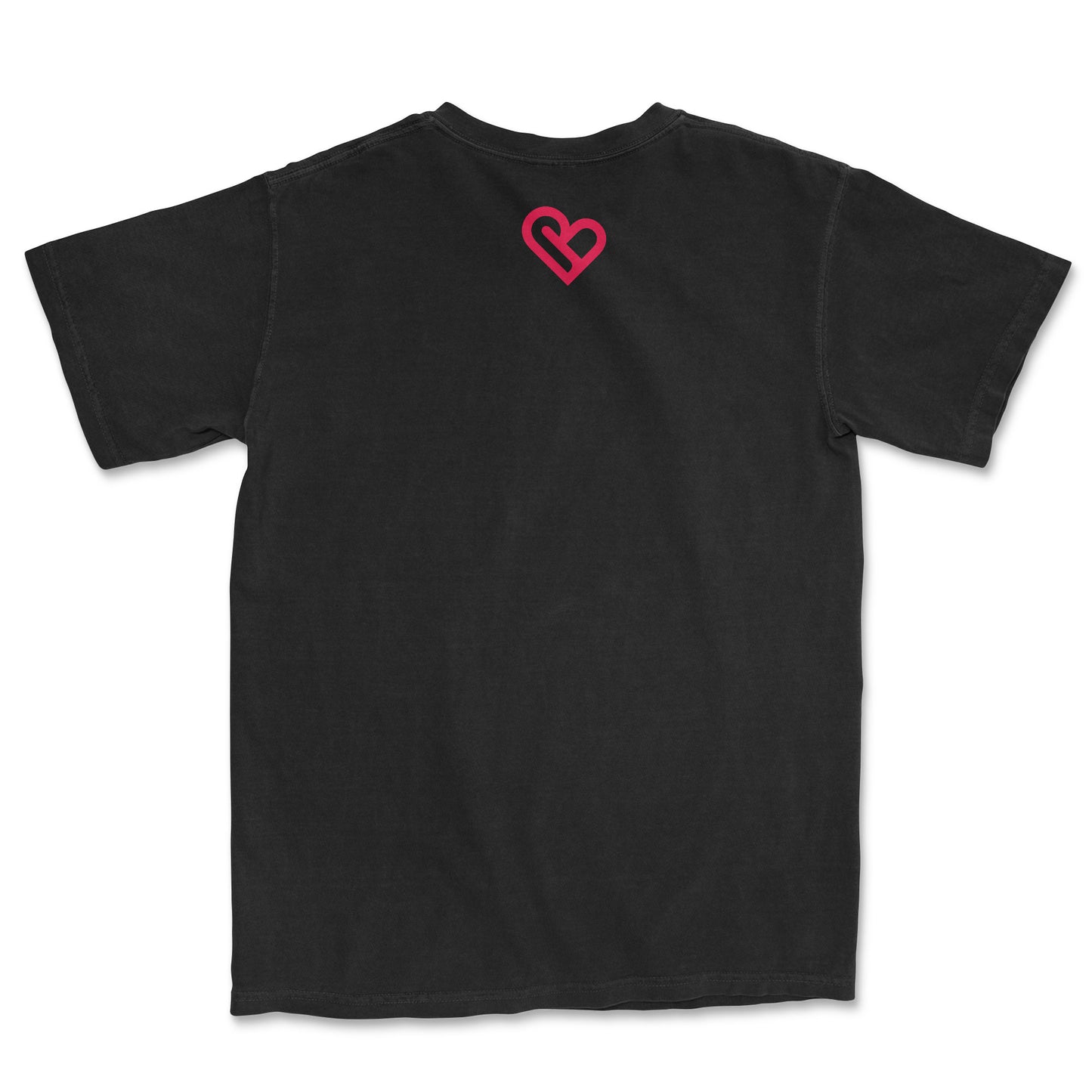 Black t-shirt laid flat, showing the back view with a bright red heart graphic on the upper back.