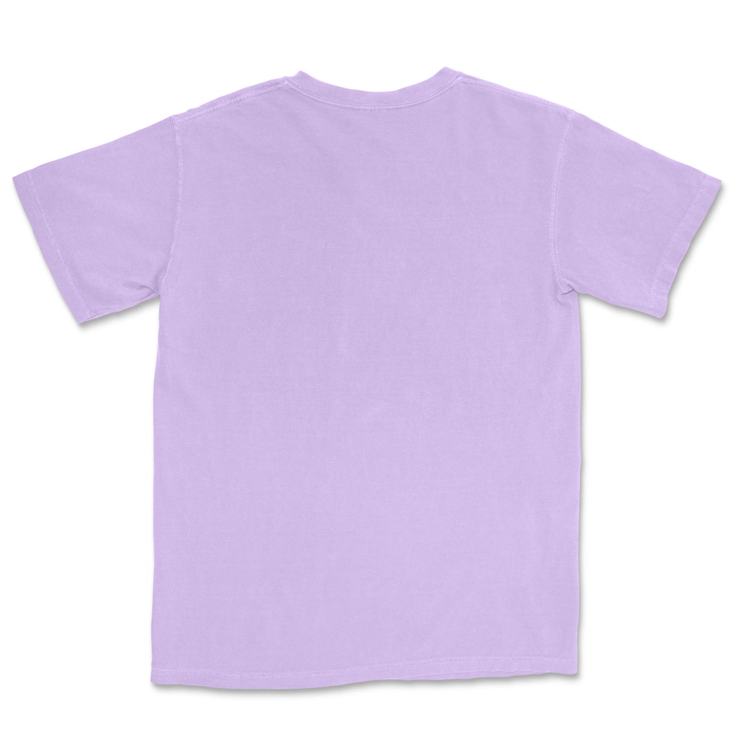 The back of a light purple round neck t-shirt.