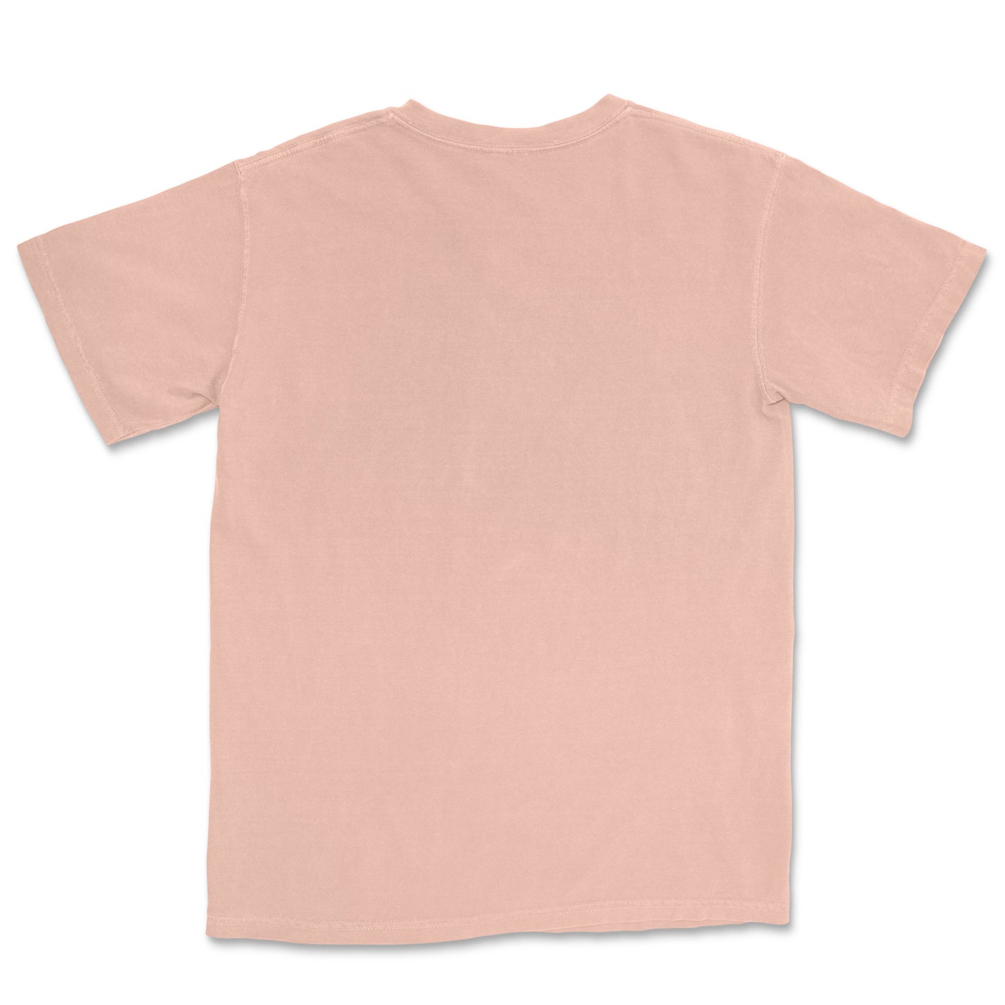 The back of a light peach round neck t-shirt