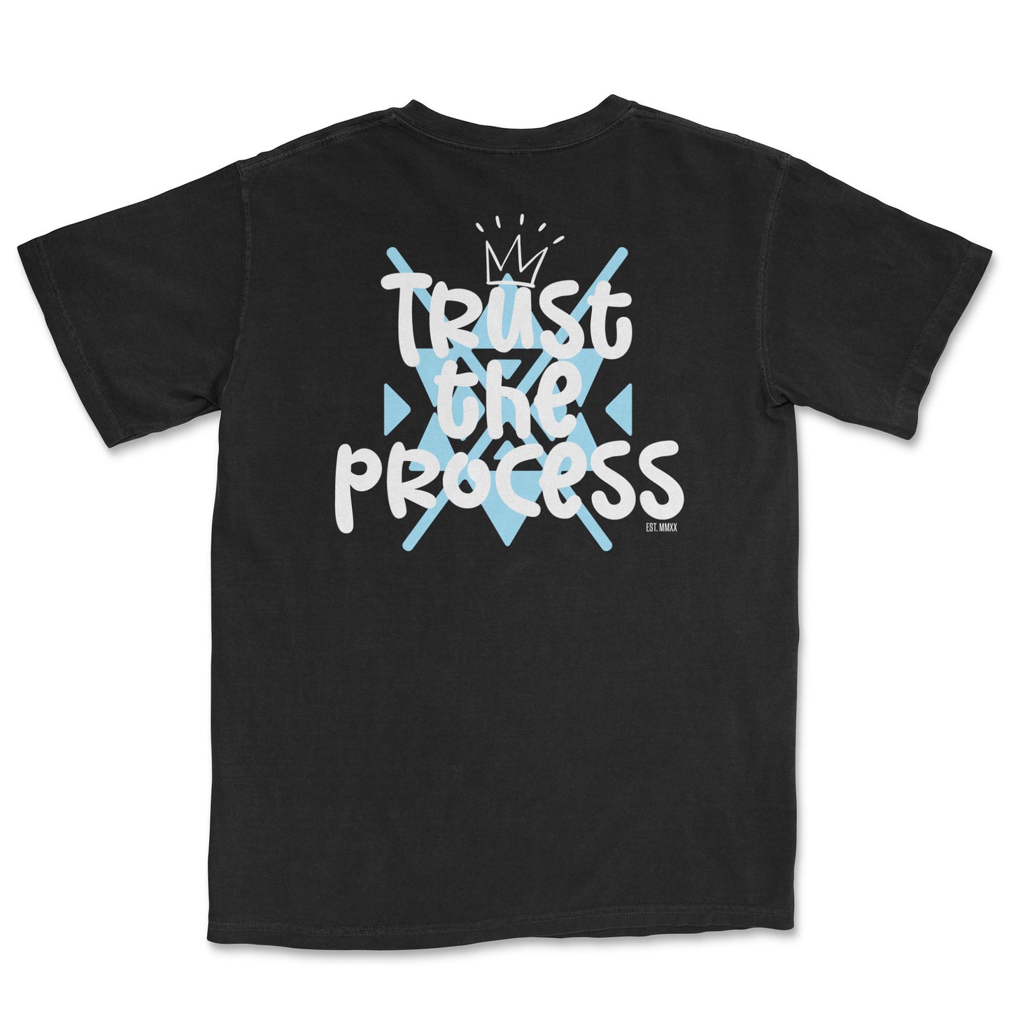 Black t-shirt with white "Trust the Process" graphic featuring a crown and light blue geometric shapes - PSTVE Brand