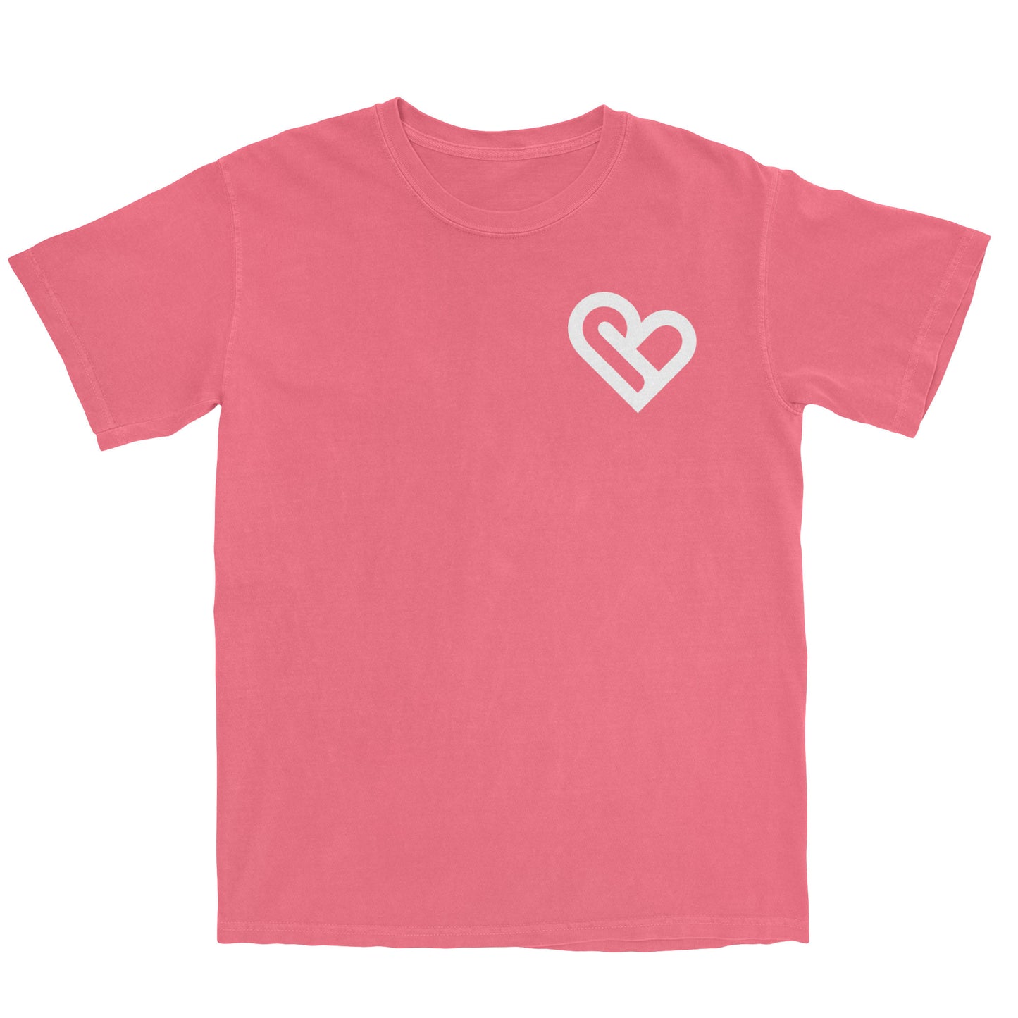 A coral-colored t-shirt with a white PSTVE (Positive) Brand logo on the left chest is displayed against a white background. The t-shirt has short sleeves and a round neckline.