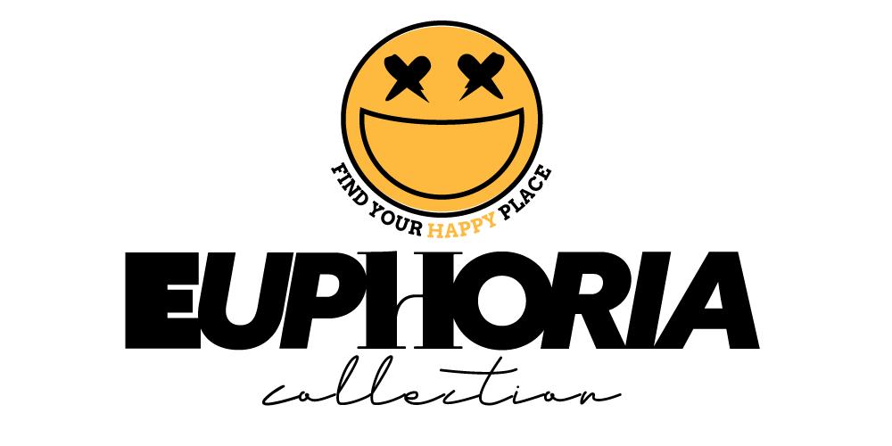 Yellow smiley face with x's for eyes above the text "Find Your Happy Place" and "Euphoria Collection. - PSTVE Brand
