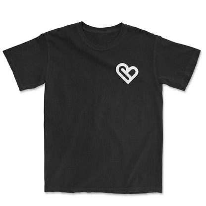 Black t-shirt with a white heart logo on a white background