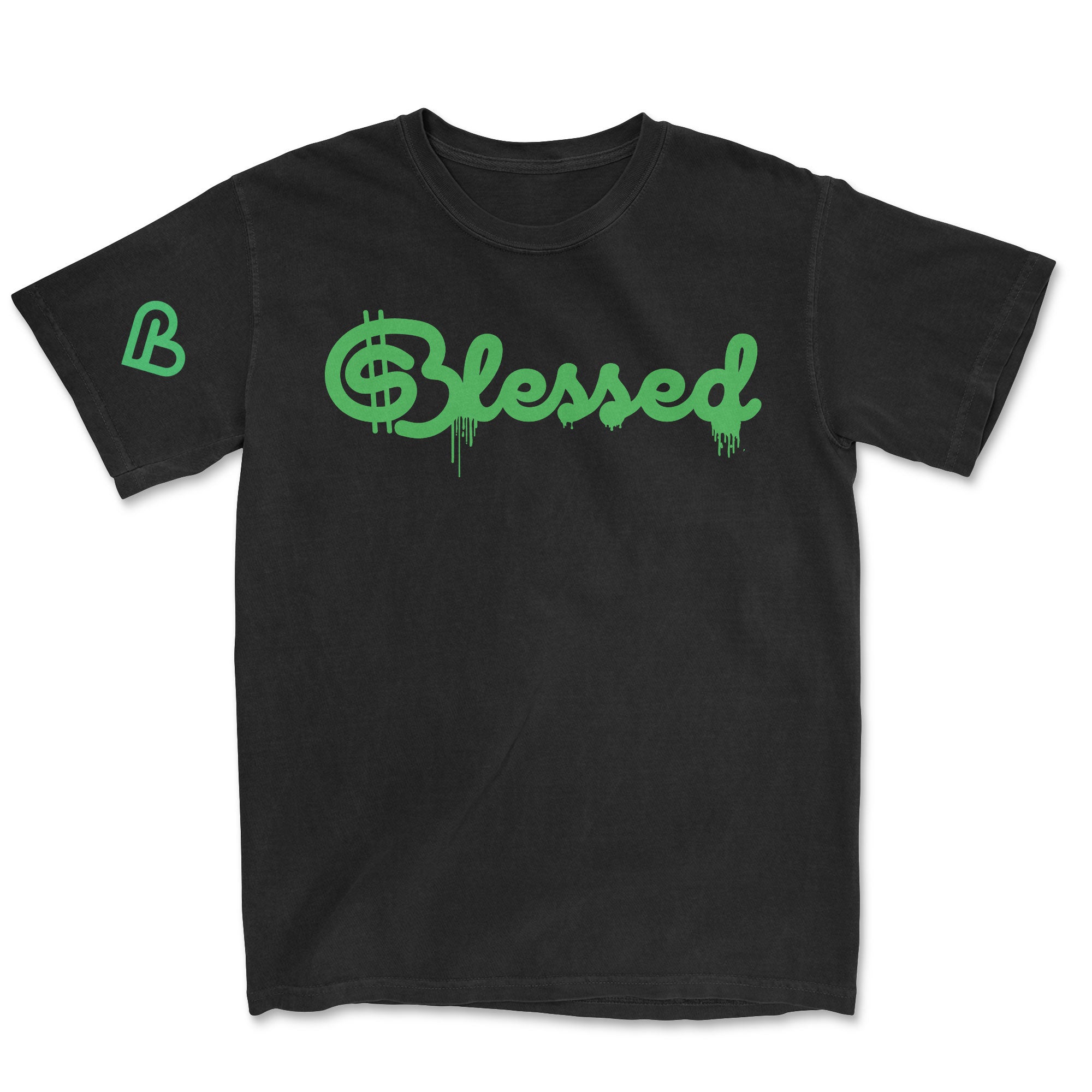 Black t-shirt featuring "Blessed" in a vibrant green script font with a dollar sign ($) replacing the 'S' and a green drip effect on the lettering. A green stylized 'B' logo is on the left sleeve.