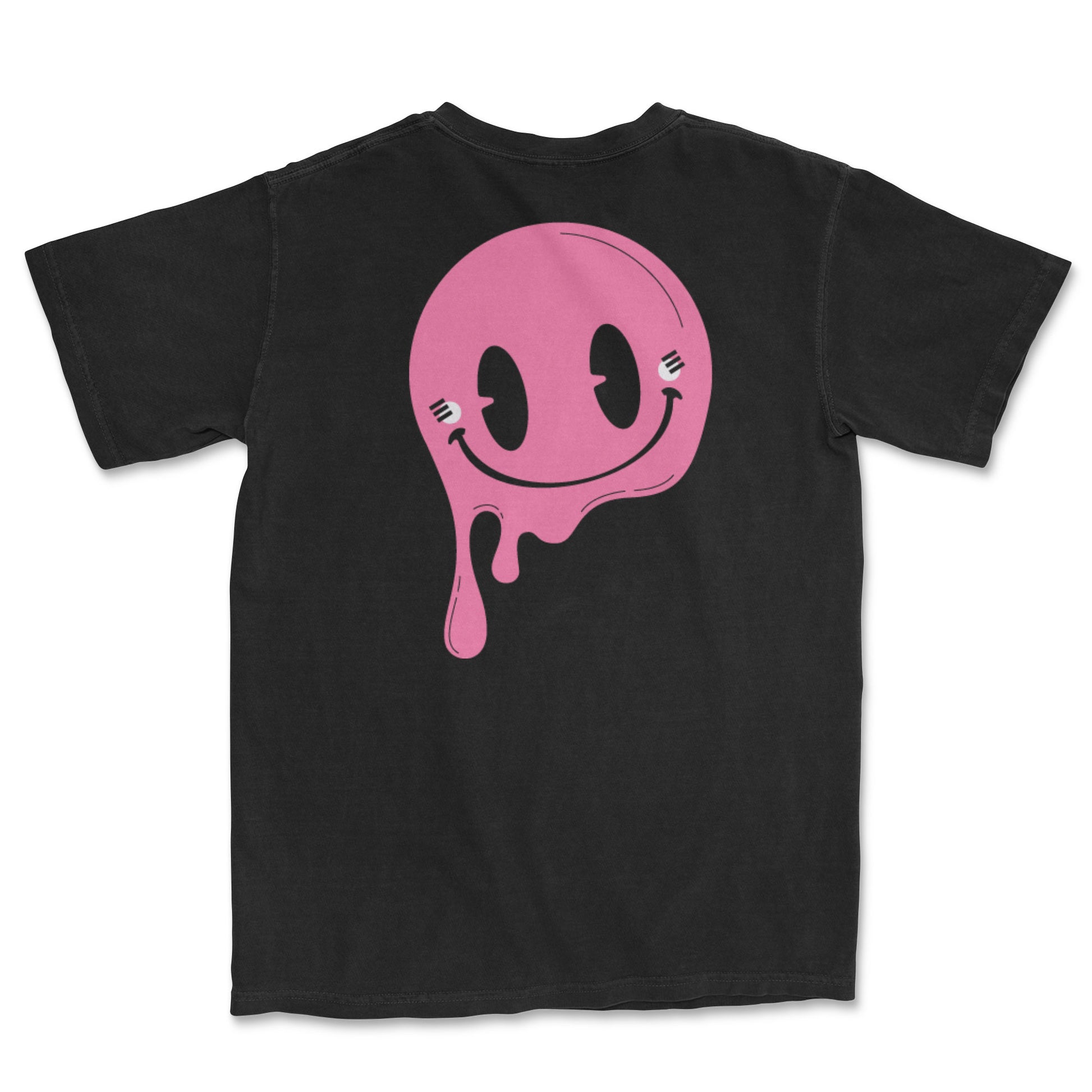 Back of a black t-shirt with a dripping smiley face in pink color with white - PSTVE Brand