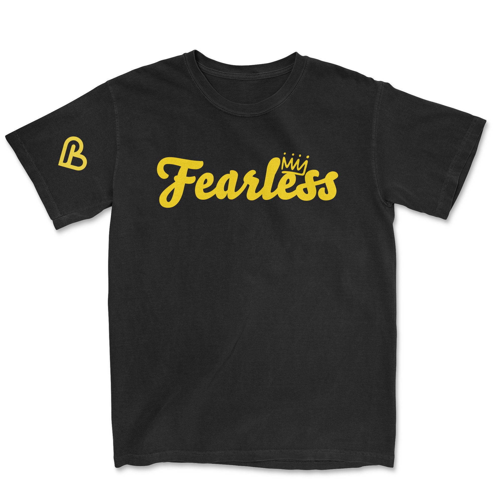 Black t-shirt featuring "Fearless" in a bold yellow script font with a small yellow crown above the 'i', and a yellow stylized 'B' logo on the left sleeve.