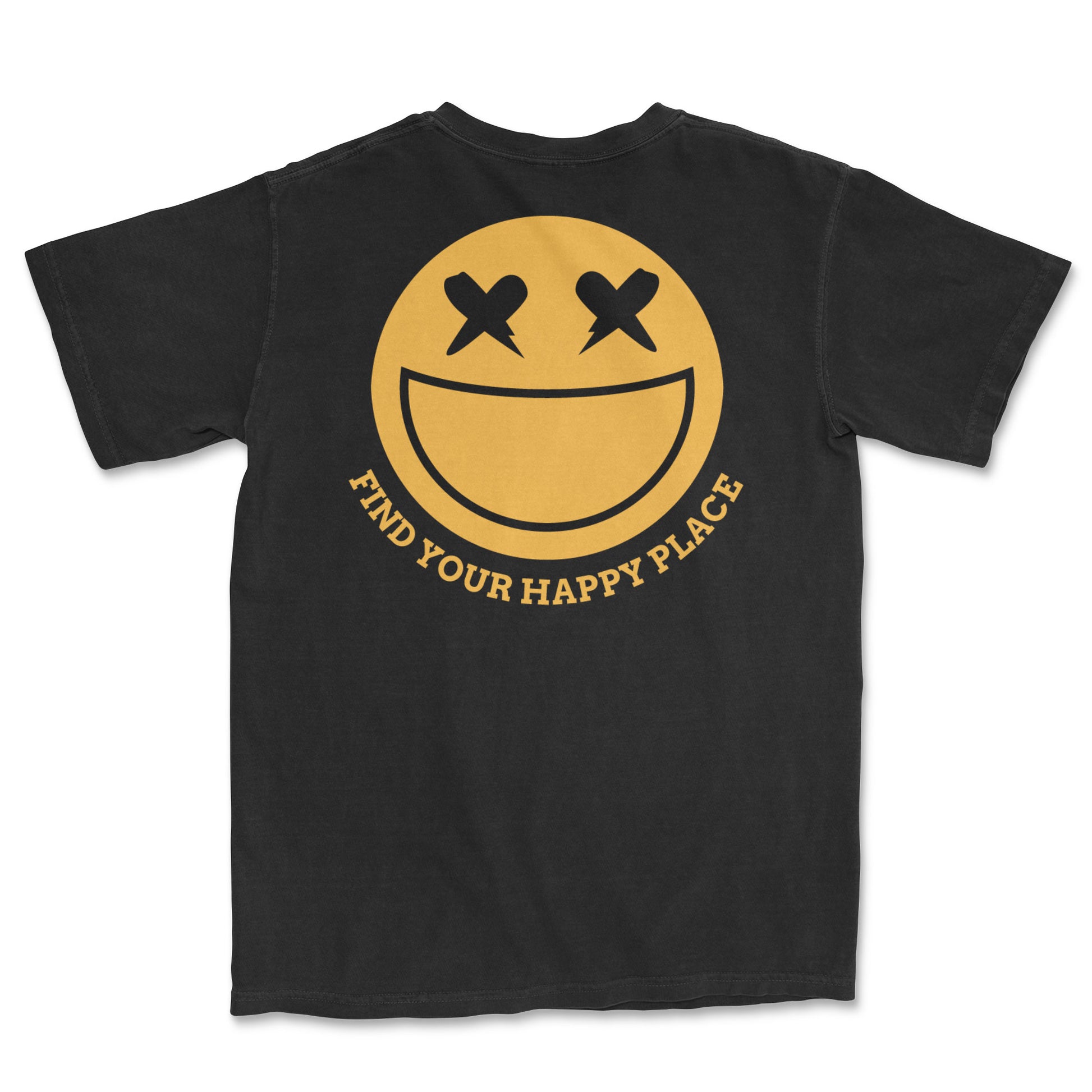 Black t-shirt featuring a yellow smiley face graphic with "Find Your Happy Place" text. 