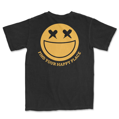Black t-shirt featuring a yellow smiley face graphic with "Find Your Happy Place" text. 