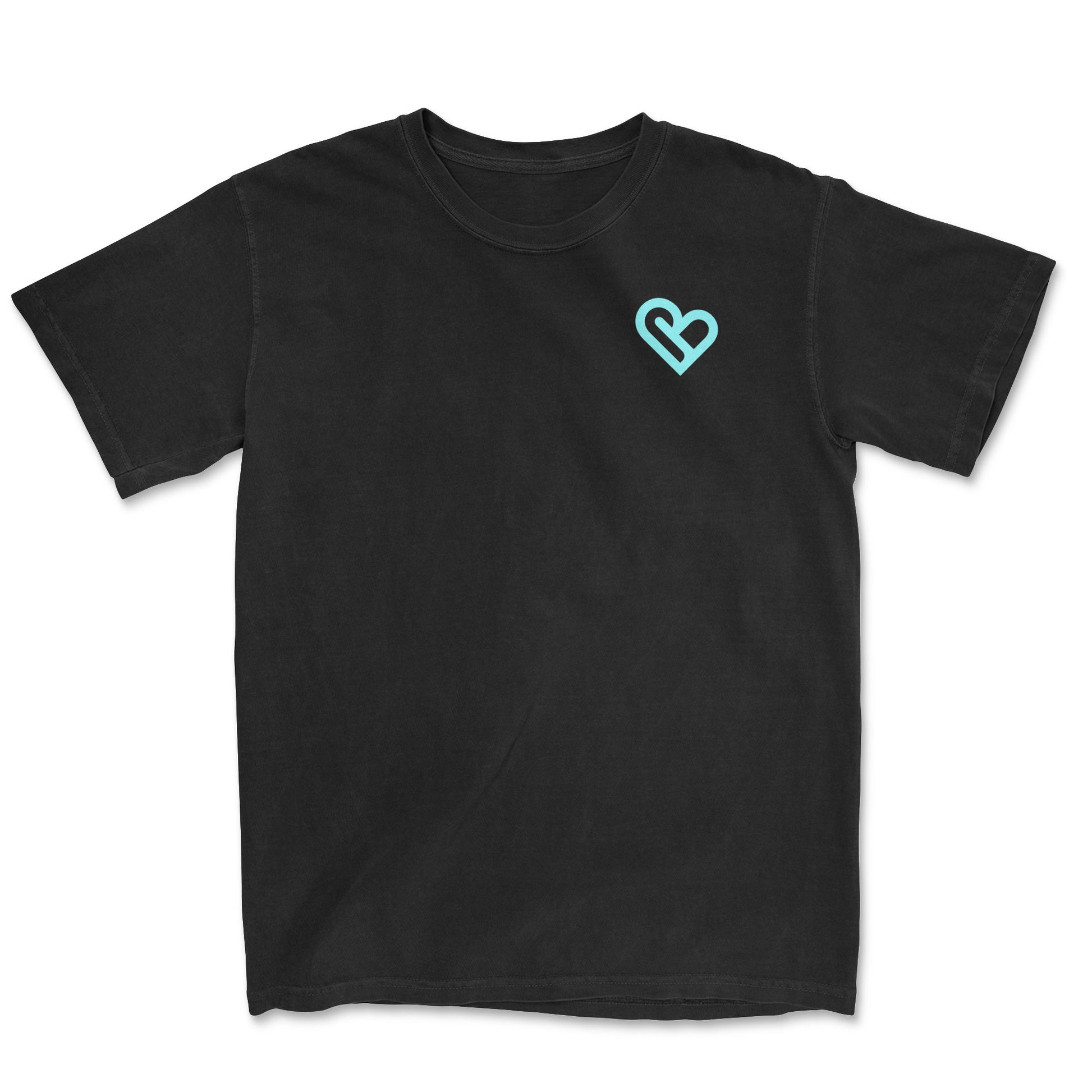 Image of a black t-shirt with a heart shaped logo on the right chest. - PSTVE Brand