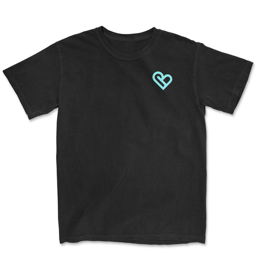 Image of a black t-shirt with a heart shaped logo on the right chest. - PSTVE Brand