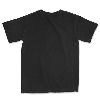 Back of a flat layer black t-shirt.