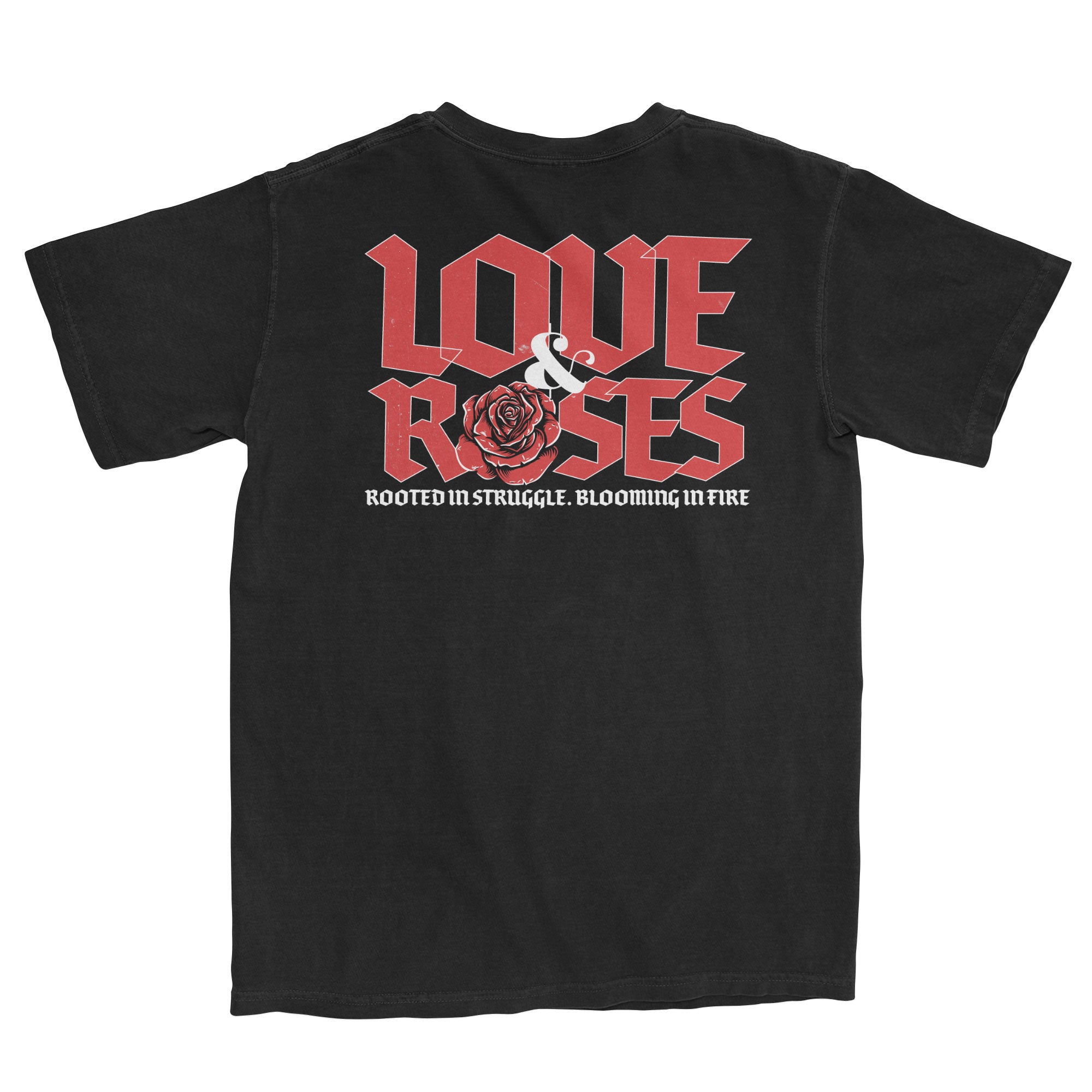 Black t-shirt with 'Love & Roses' design featuring a rose and text on a white background