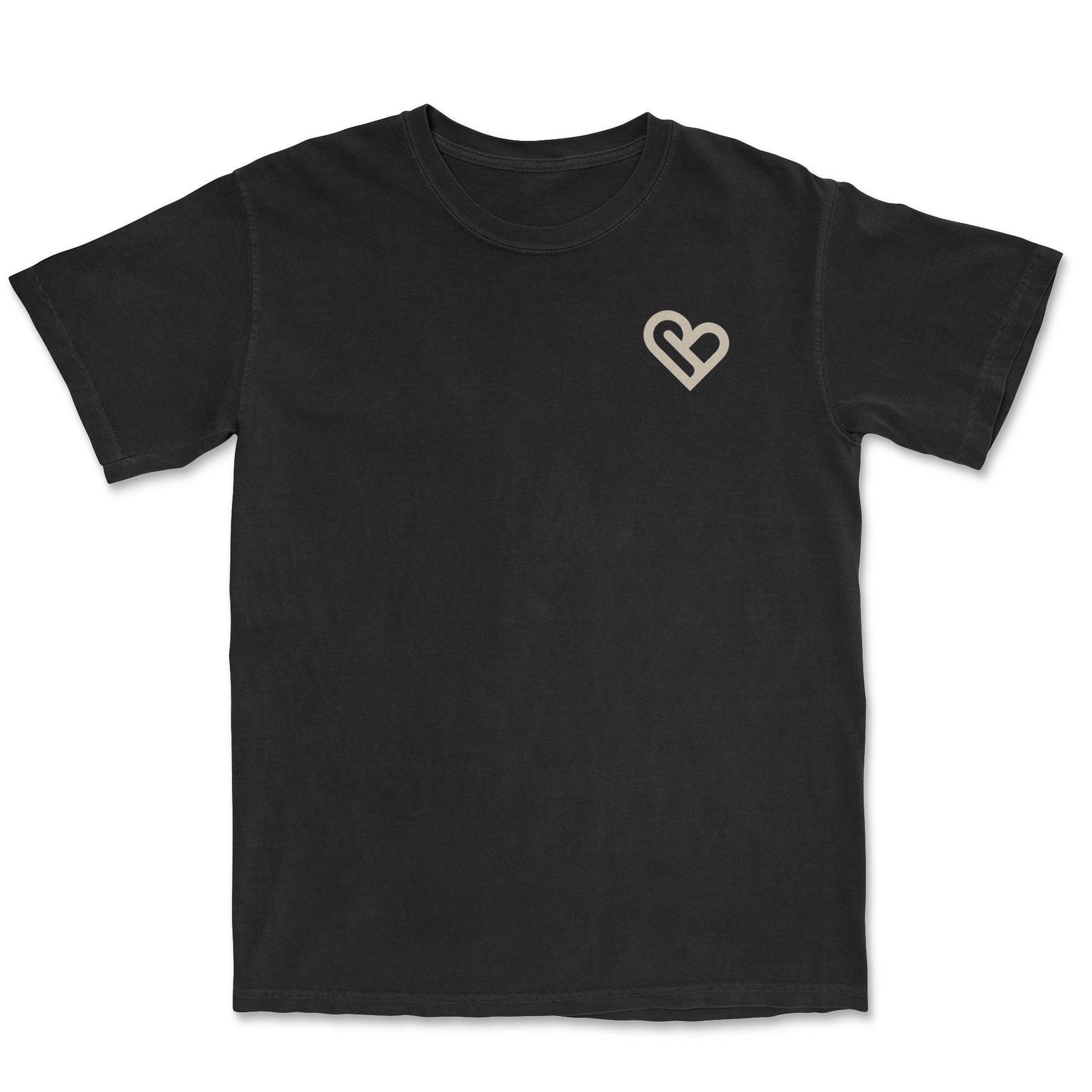 Black t-shirt with a small, stylized heart logo on the left chest.