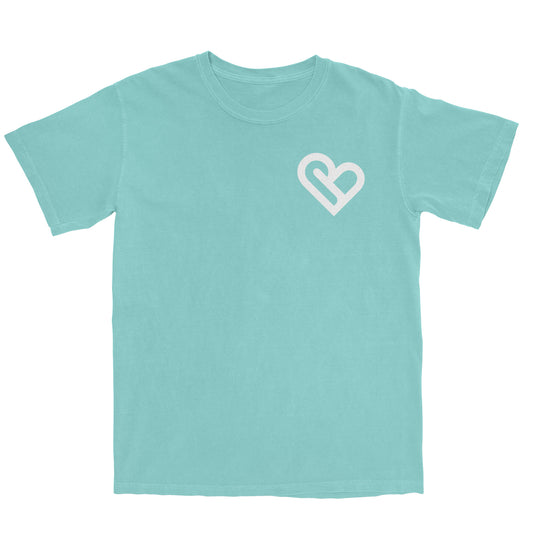 A light mint color t-shirt with a white PSTVE (Positive) Brand logo on the left chest is displayed against a white background. The shirt is short-sleeved with a round neck.