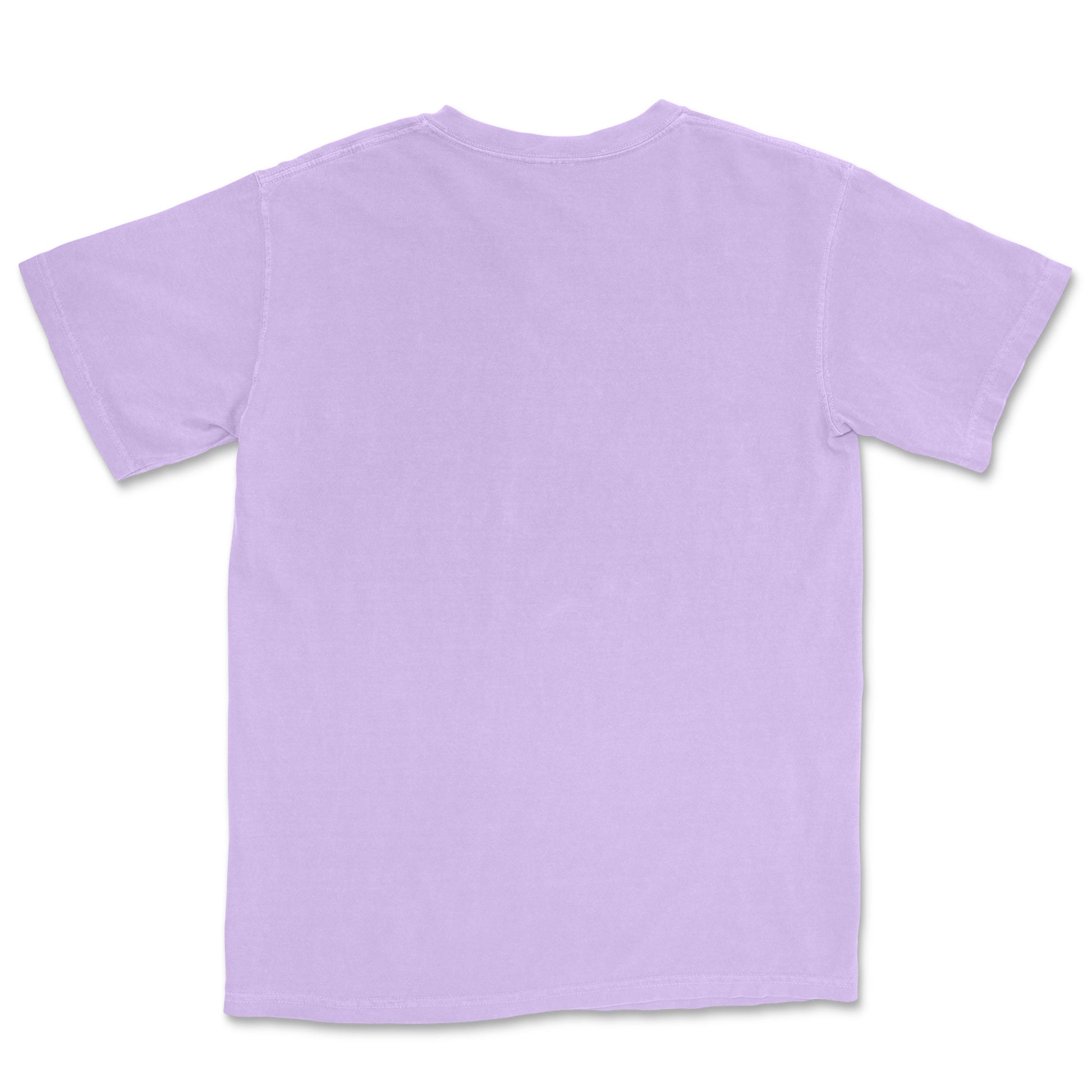 The back of a light purple round neck t-shirt. 