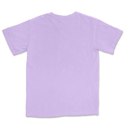 The back of a light purple round neck t-shirt. 