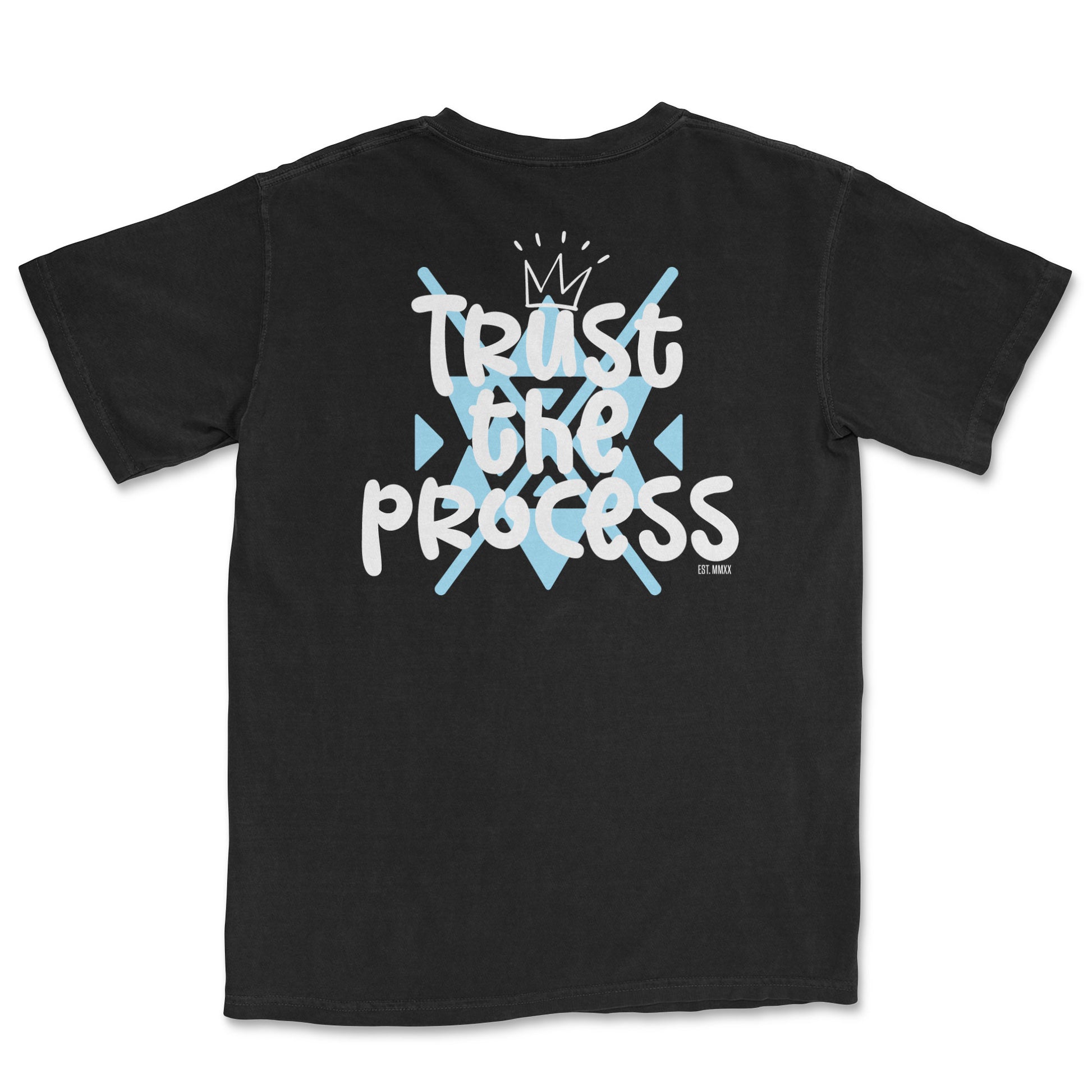 Black t-shirt with white "Trust the Process" graphic featuring a crown and light blue geometric shapes - PSTVE Brand
