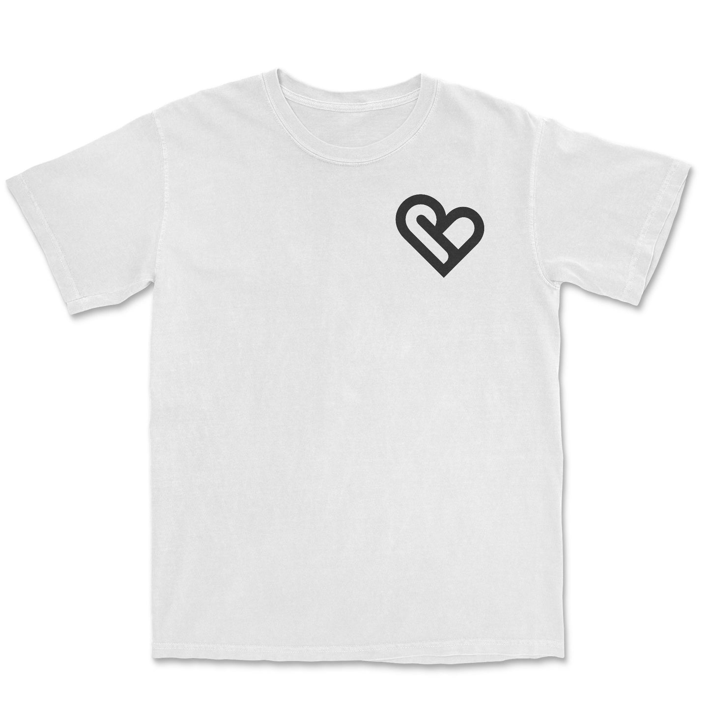 White t-shirt with a black heart design on a white background